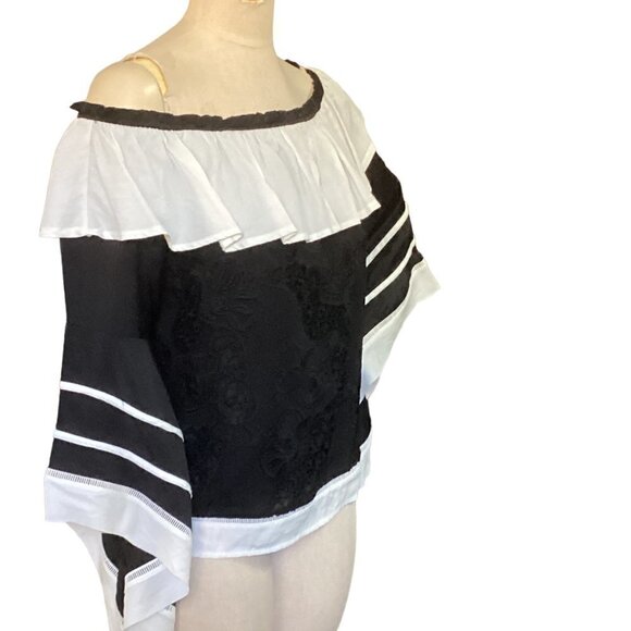 P Luca Milano L Black & White Ruffle Neck Embroidered Lace Front Top 108J - Picture 2 of 9